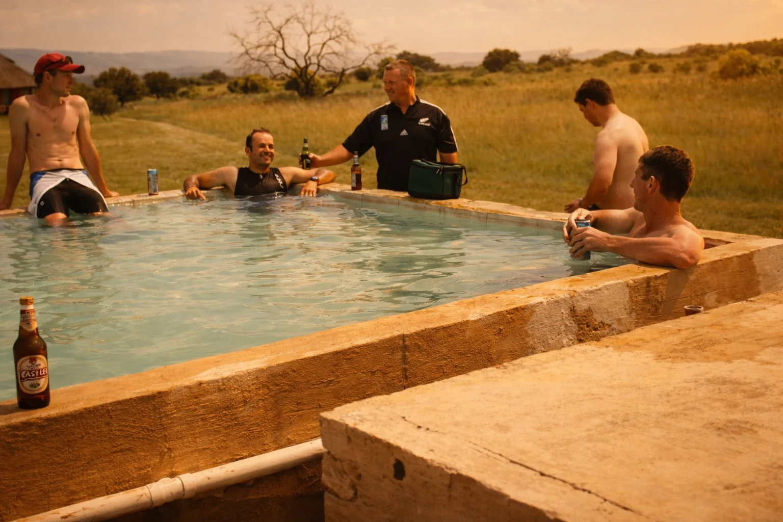 Guests gathered around a braai, cooking and socialising together outdoors.