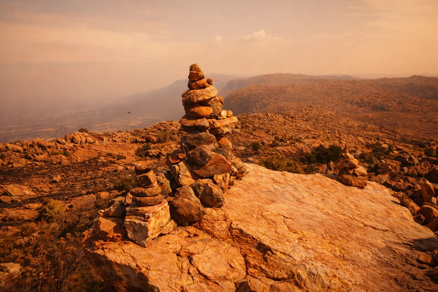 Stacked stone cairn on a sandstone summit at sunset, overlooking the Magaliesberg valleys.