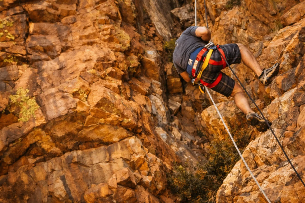 Abseiler mid-descent on a warm sandstone Magaliesberg cliff face.