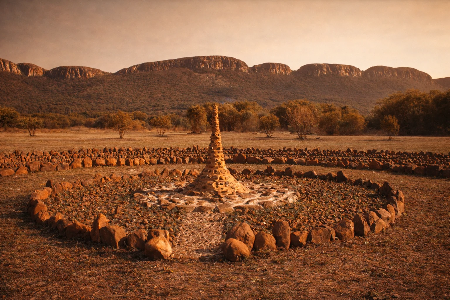 Stone labyrinth winding through grass and mountain landscape at Shelter Rock.