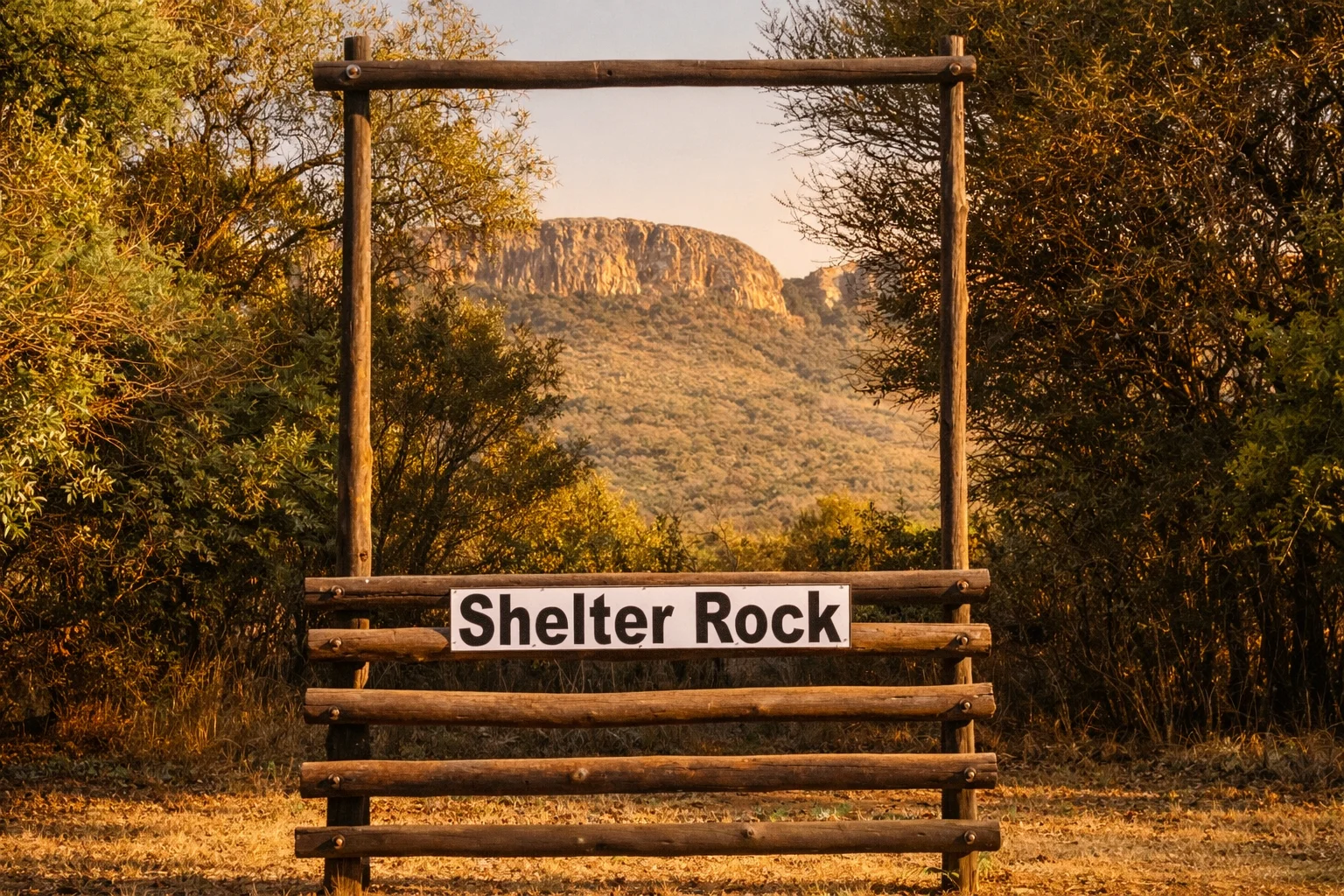 The Shelter Rock timber entrance gate framing the Magaliesberg ridgeline at golden hour.