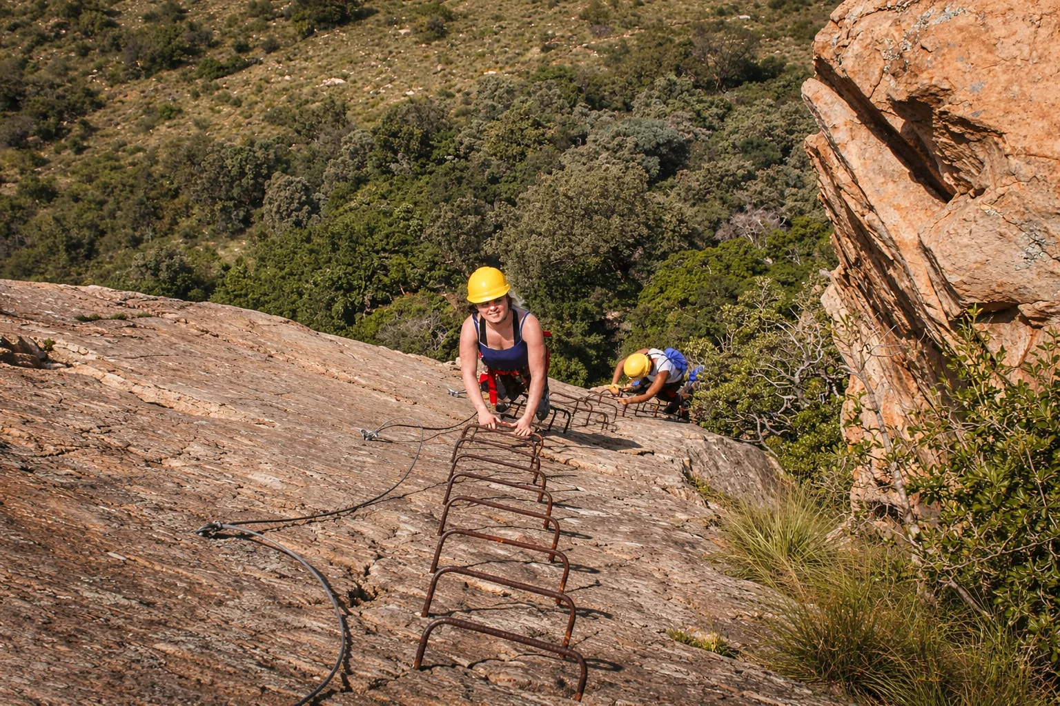 Climber emerging over the top of an iron-rung ladder on the Shelter Rock Via Ferrata.