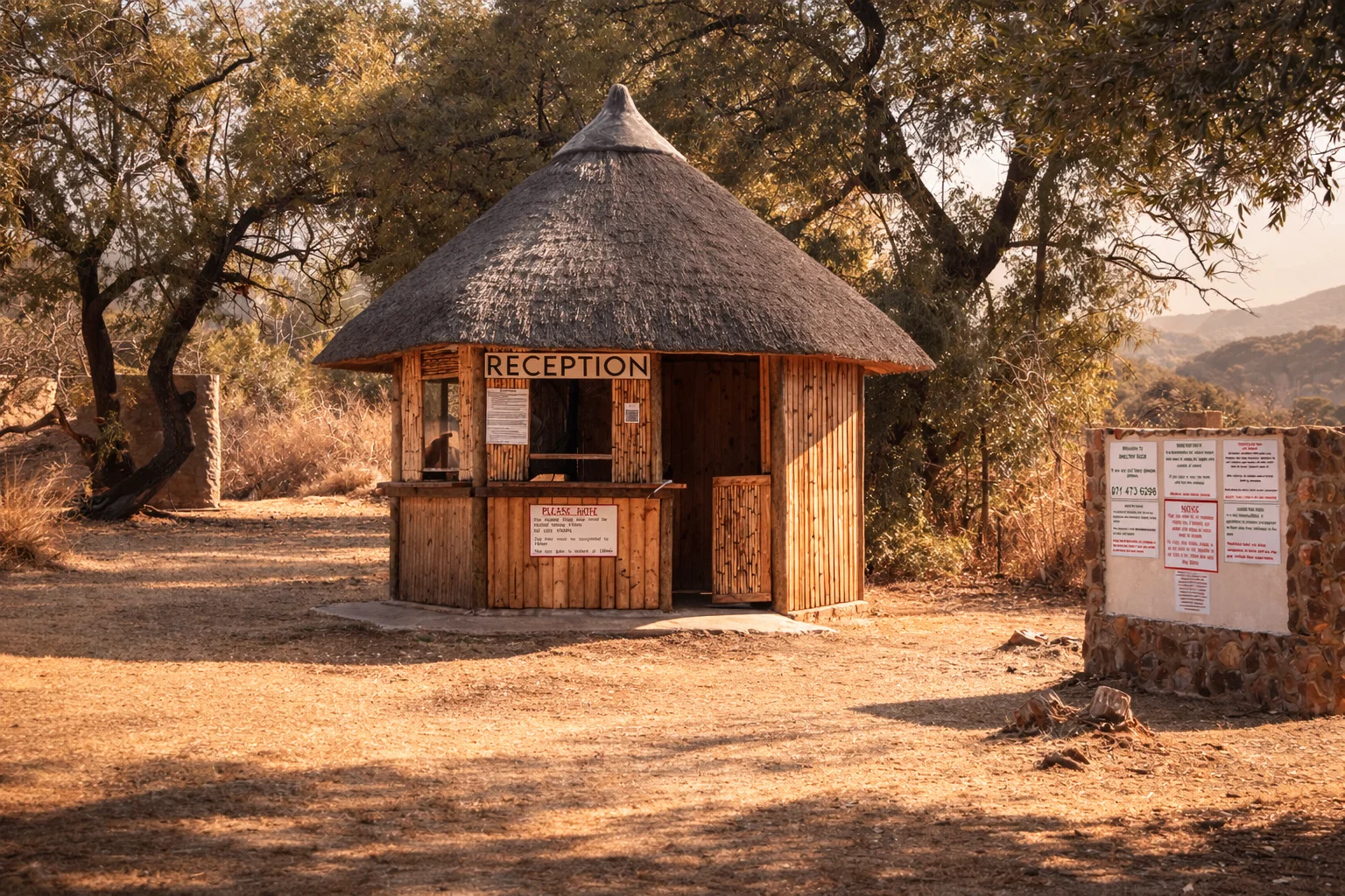 The Shelter Rock reception hut nestled among trees in warm afternoon light — the welcoming arrival point at Shelter Rock.
