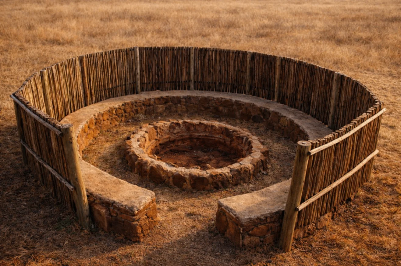Group of friends laughing and toasting around a thatched boma fire pit at dusk.