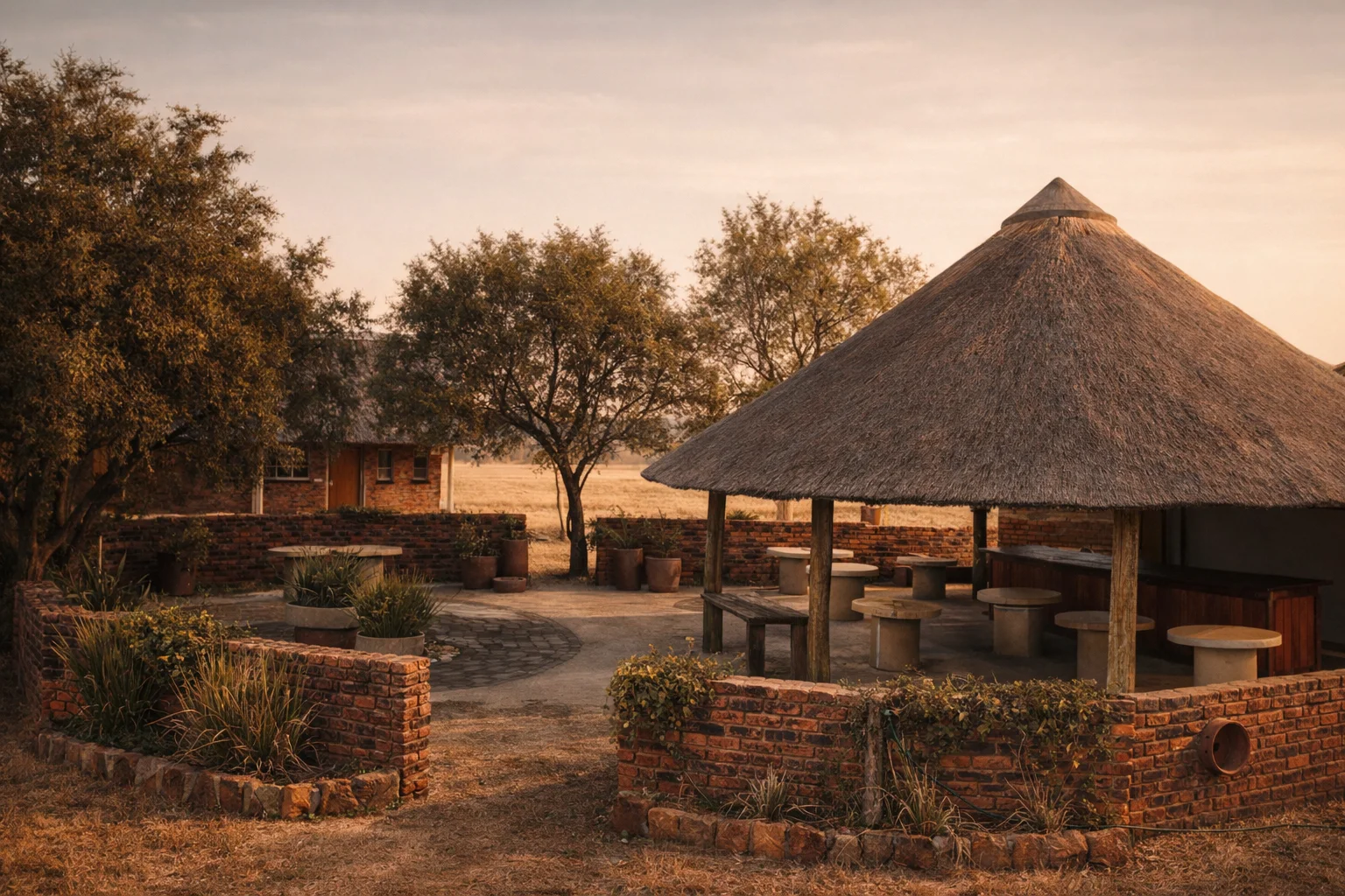 The Shelter Rock outdoor lapa area at sunset, framed by brick walls and open bushveld.