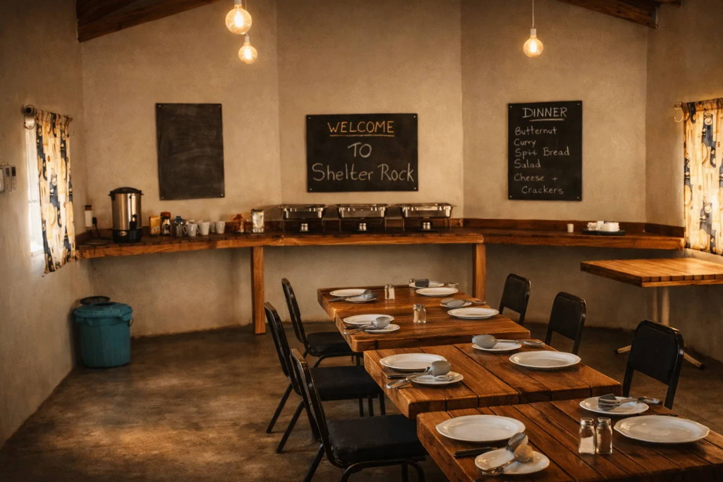 Open dining hall with wooden tables ready for a group meal.