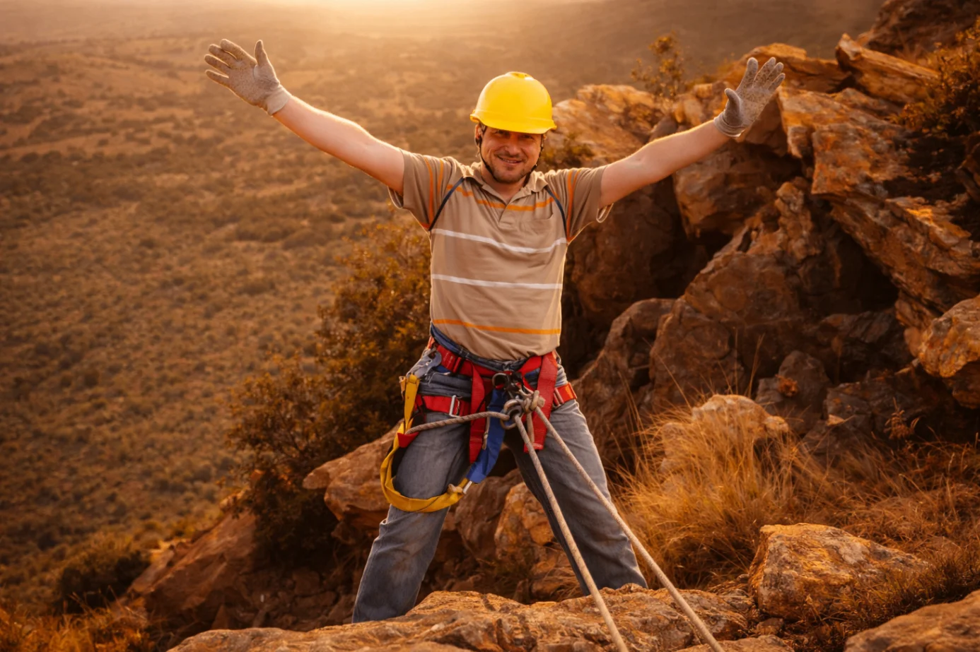 Abseiler celebrating on a Magaliesberg outcrop at sunset with arms open.