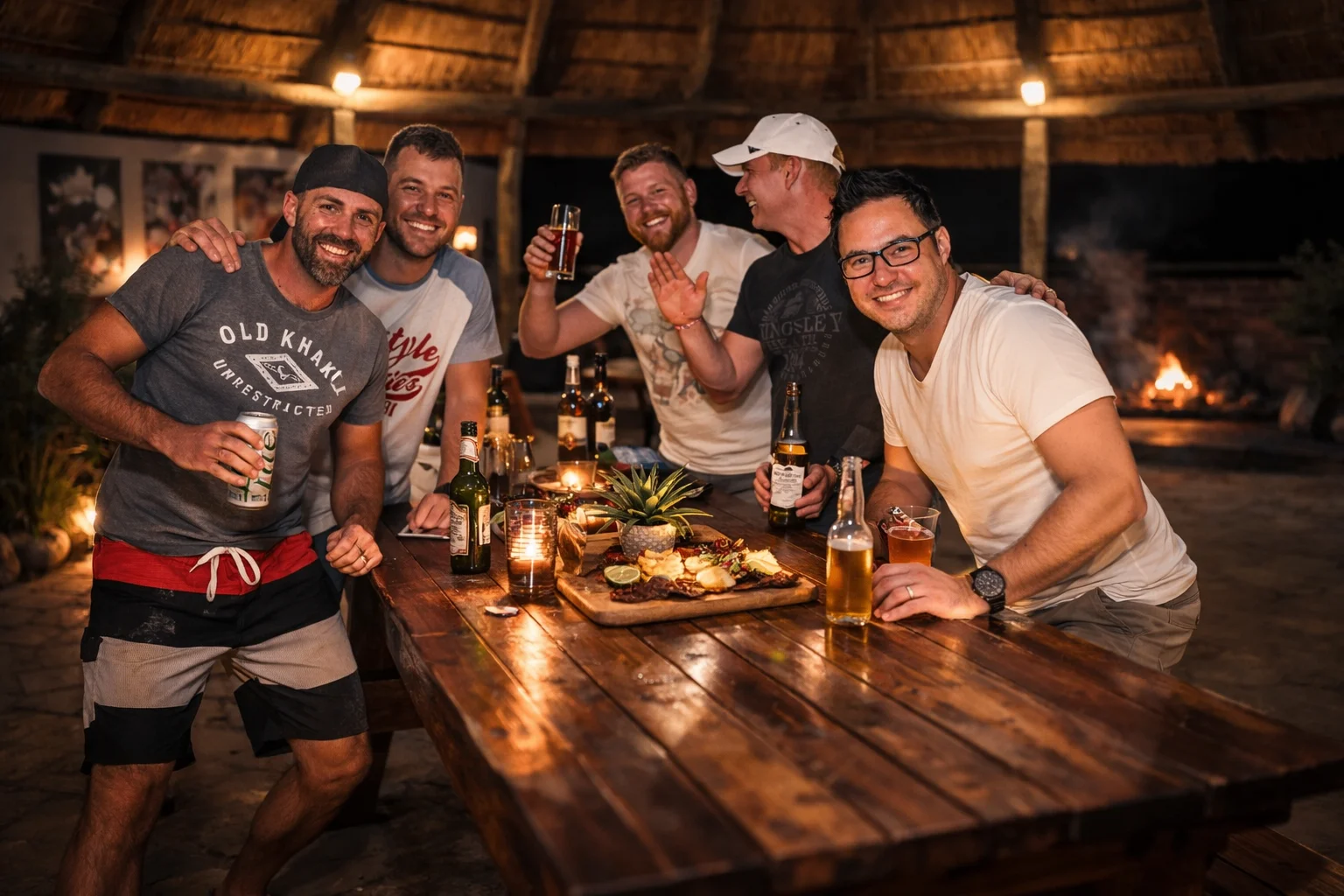 A group of friends gathered around a wooden table under a thatched boma, laughing and toasting in warm firelight.