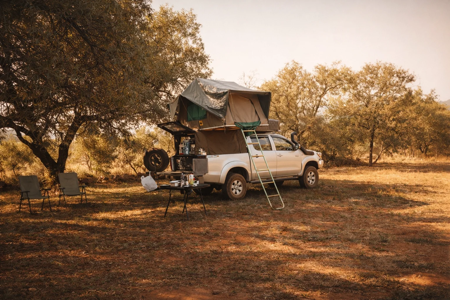 An overland vehicle with a rooftop tent set up for the night at the Shelter Rock campsite in the Magaliesberg, camp chairs and table beside it in soft late-afternoon light.