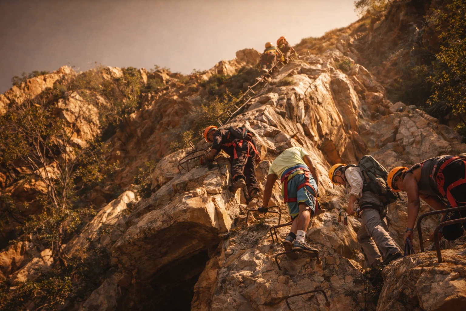 Group of climbers ascending the steel rungs and cable of the Shelter Rock Via Ferrata on a golden Magaliesberg cliff face.