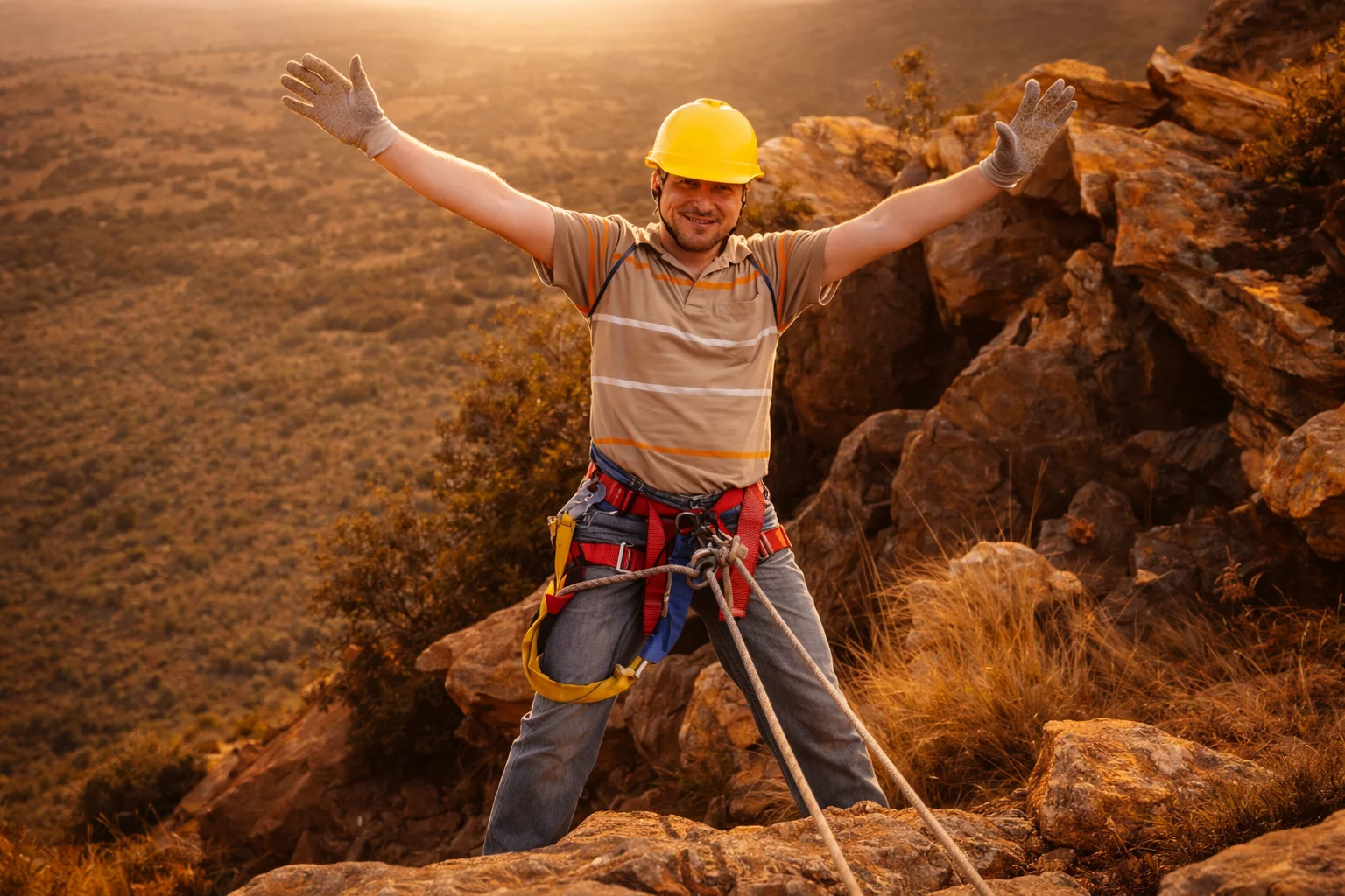 Celebrating guest in a hard hat and harness, arms outstretched on the rocky summit after abseiling.