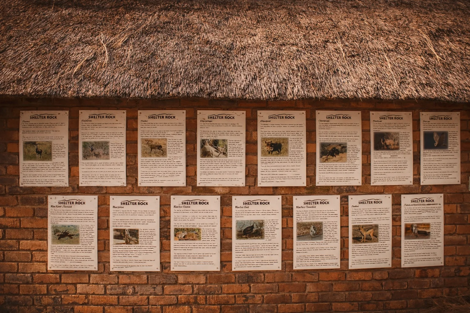 Interpretive wildlife boards mounted on a brick wall beneath a thatched roof at Shelter Rock.