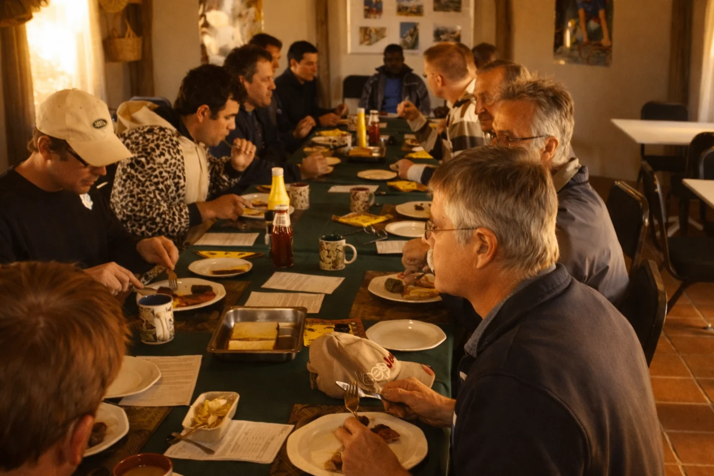 Group dining setup with long tables and benches for shared meals.