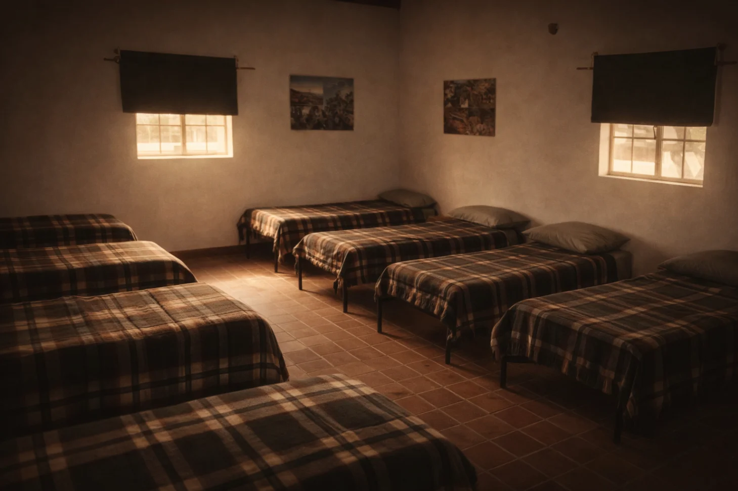 A tidy dorm room with simple beds and storage for overnight groups.