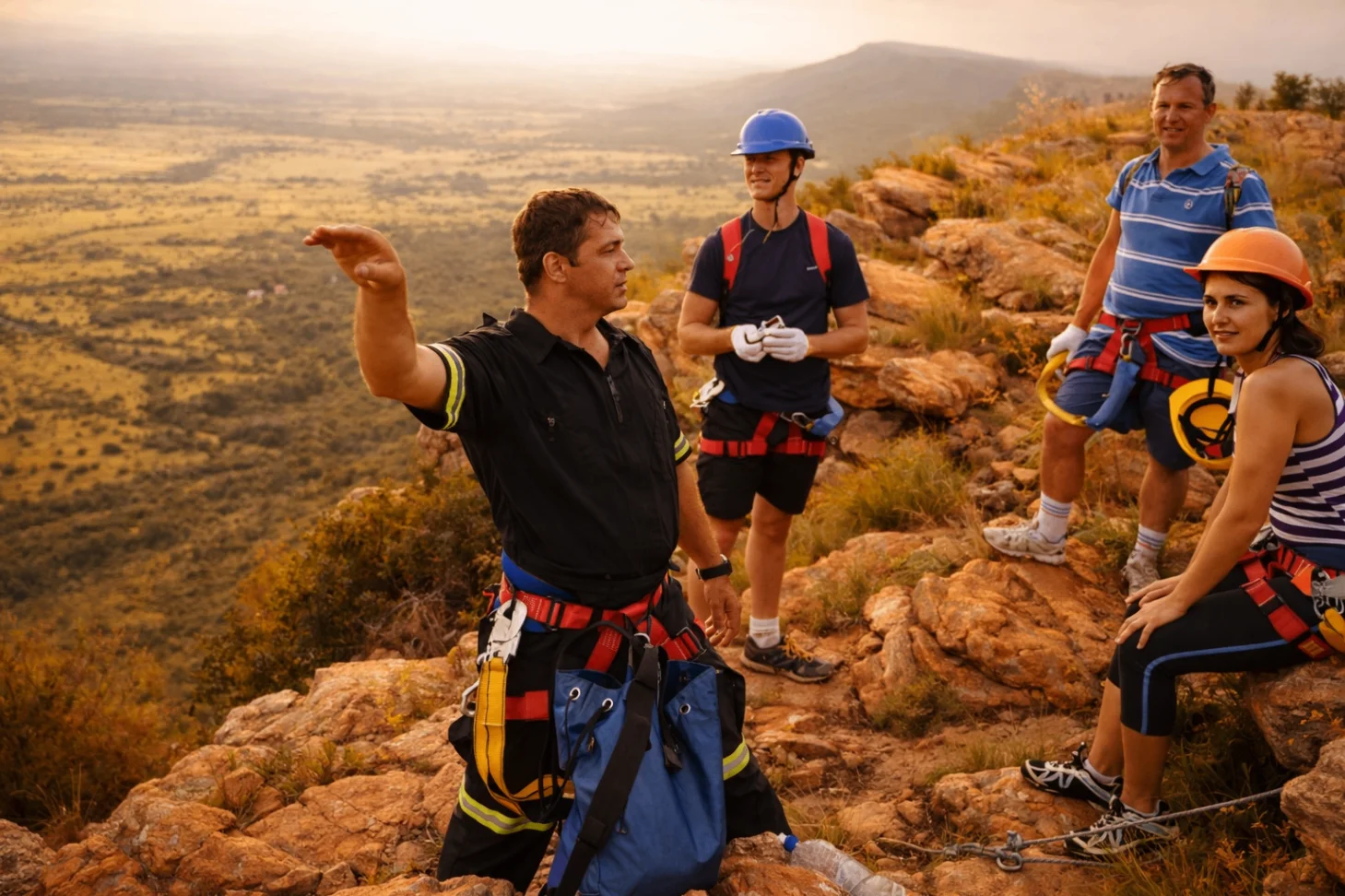 Instructor giving a safety briefing to a group of abseilers on a Magaliesberg ridge at golden hour.